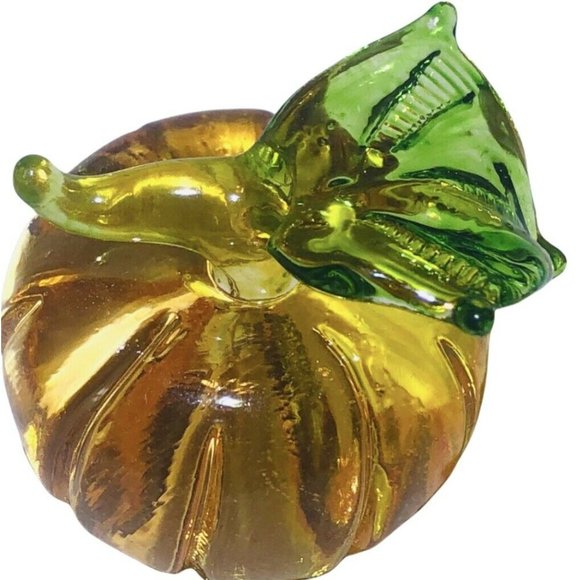 Hand Blown Art Glass Orange 1”x1.25” pumpkin Green Stem Paperweight Decor VTG - Picture 6 of 9